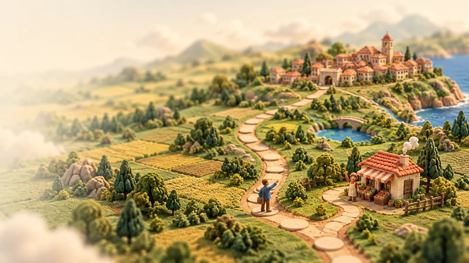 A broker on a stone path points a shopkeeper at a small fruit stand toward a hill town across the fields.